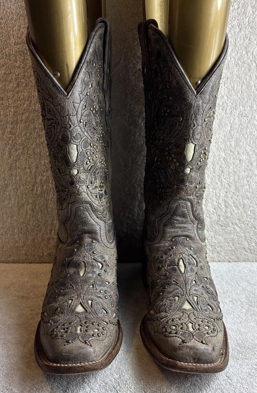 Corral Women’s 6.5 M Square Toe Western Inlay Boots Taupe Leather Studded A1121